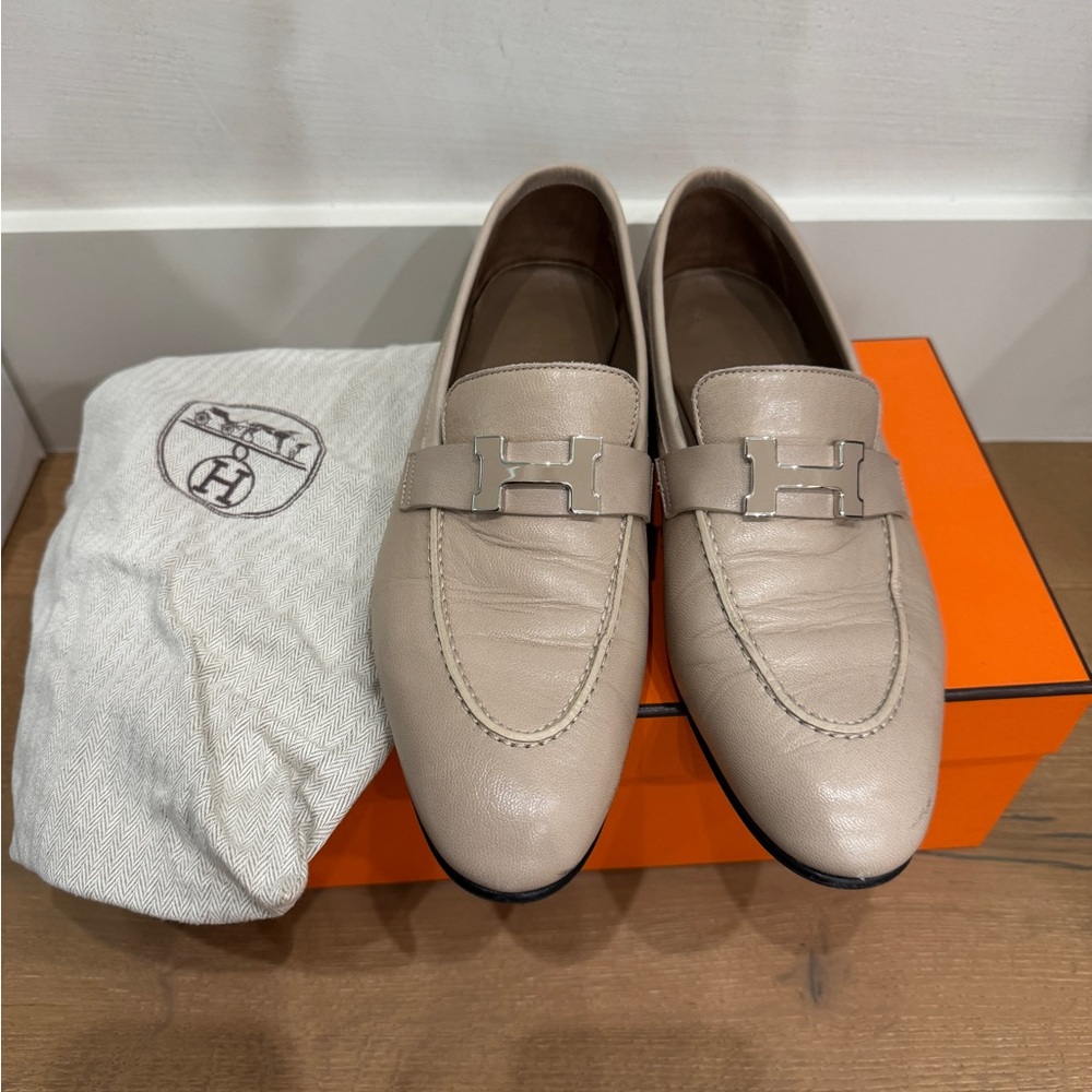 Hermes Taupe Leather Loafers